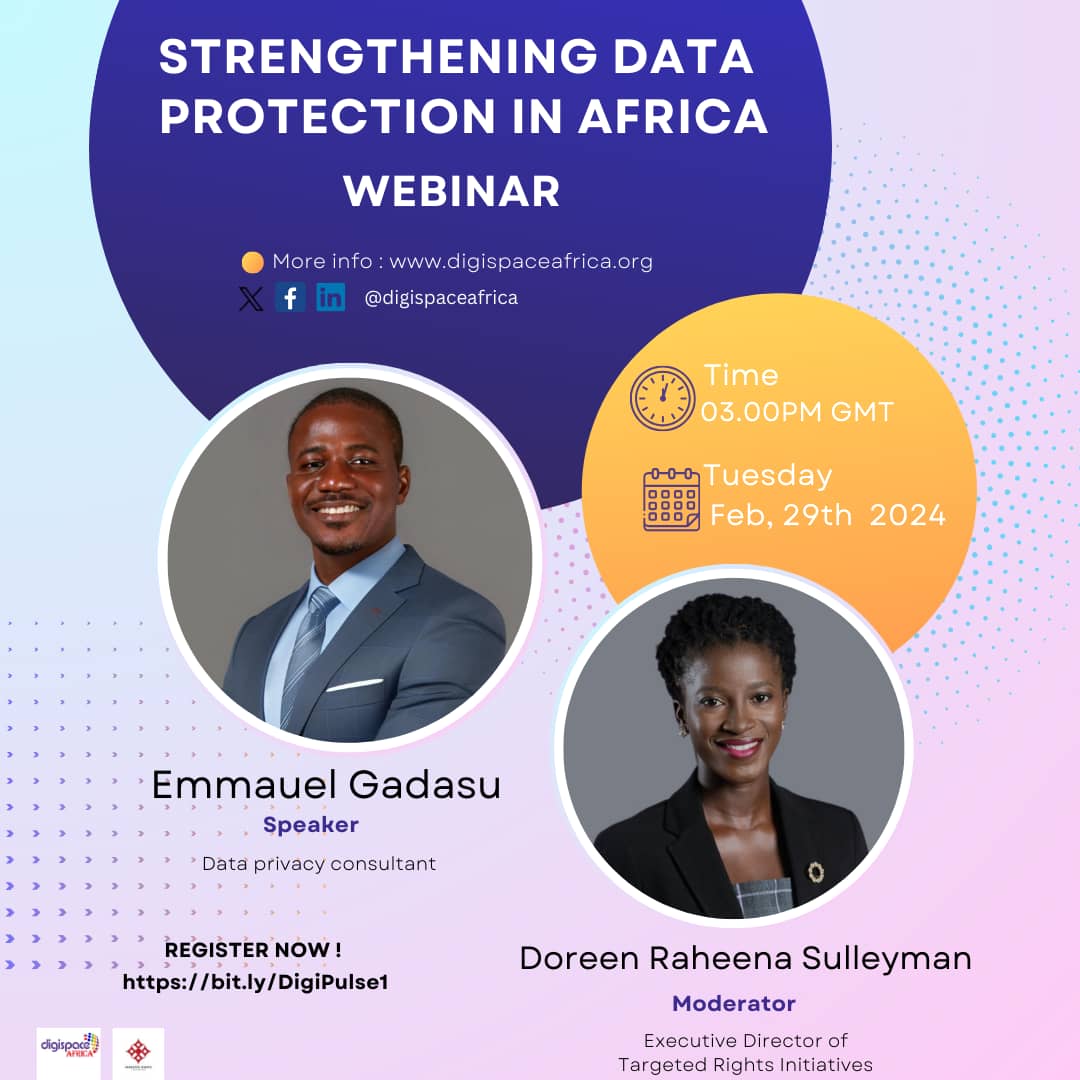 Join us in fortifying Africa's digital future! 🌍 
Register for our upcoming webinar to explore innovative strategies for enhancing data protection across the continent. 
Click here to register: bit.ly/DigisPulse1

 #DataProtectionAfrica 
#SecureOurData 
#DigitalPolicy