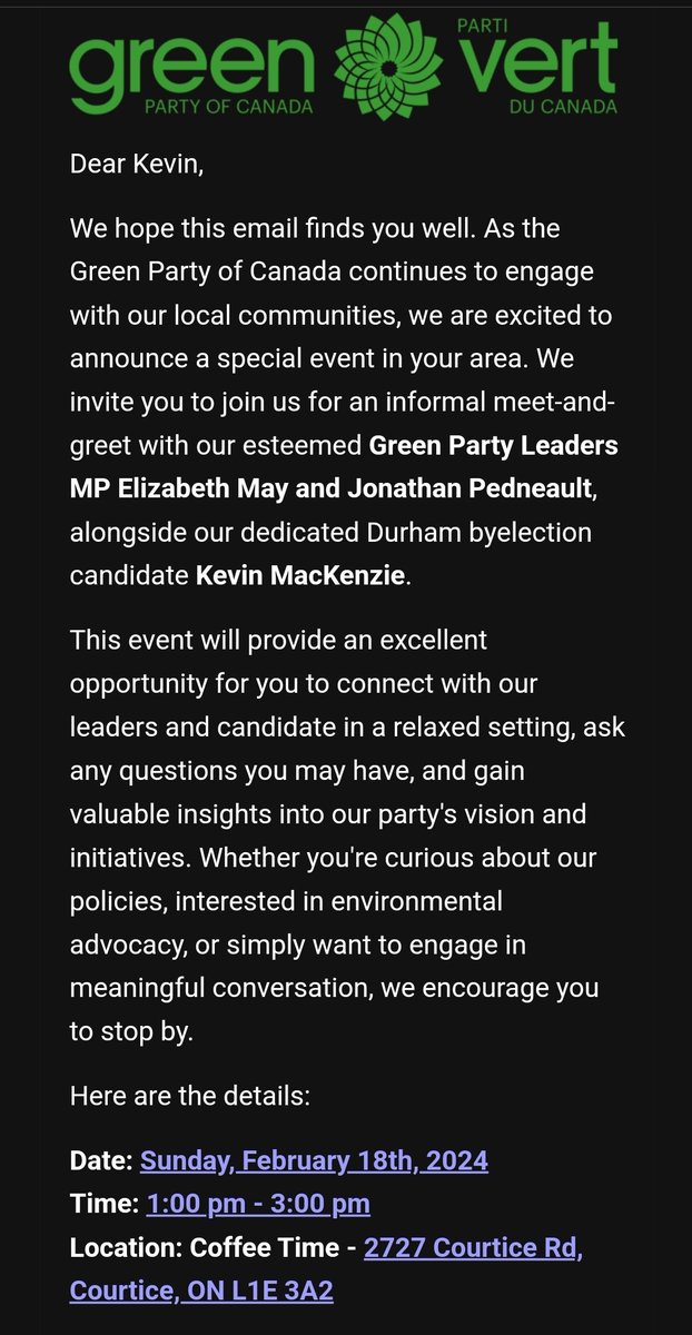 kevinamackenzie's tweet photo. You are invited! Please come & have a coffee with me this Sunday Feb 18th! Meet Green Party Leaders @ElizabethMay & @j_pedneault 1pm to 3pm at Coffee Time in Courtice. #VoteGreen #VoteKevin #DurhamElection https://t.co/tU7TFA00iw