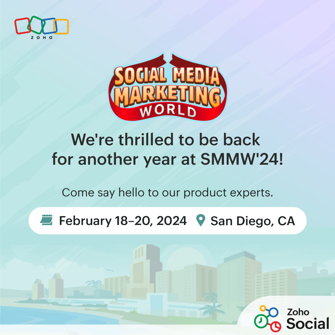 🎉 Exciting news! 🎉 We're thrilled to announce that Zoho Social will be at #SMMW24! 🤩 Join us at our booth for: 🔹 Expert demos 🔹 Exclusive insights 🔹 Networking opportunities Don't miss out! Swing by and say hello 👋 #SMMW24 #SocialMediaMarketing