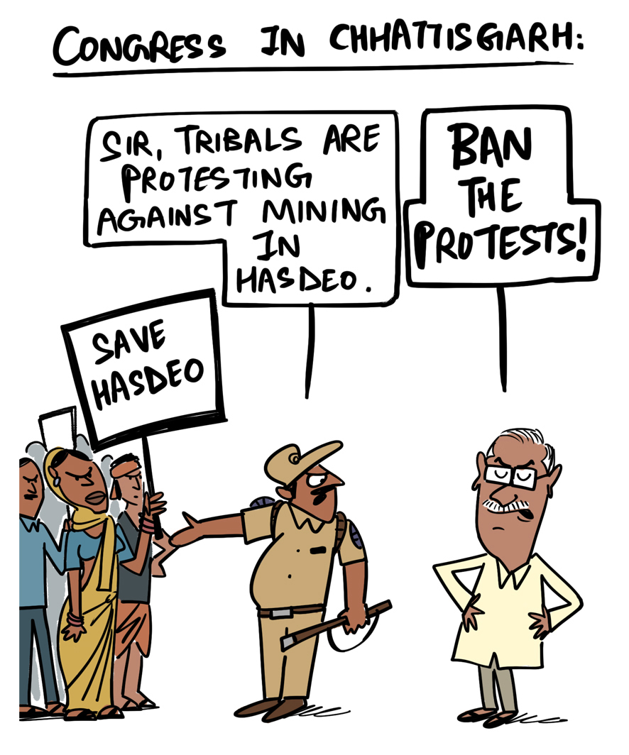 Cartoon | #GreenHumour by Rohan Chakravarty, cartoonist and illustrator from Nagpur, on protests over coal mining in Chhattisgarh.