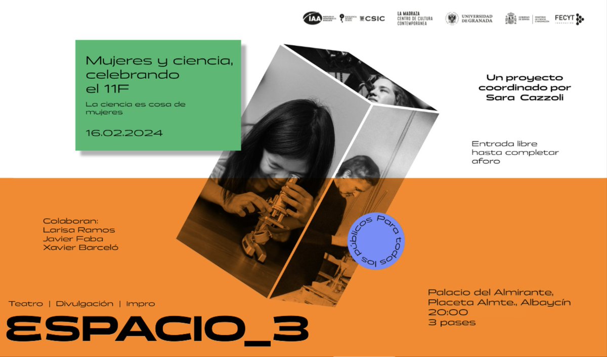 ¡Mañana hay celebraciones!

En @espacio3_lab celebramos el #11F #DiaMujerYNinaEnCiencia 

Y ¿Cómo lo hacemos?
Como más nos gusta, con tres sesiones violeta: Ciencia, Teatro e Impro dedicadas a las mujeres.

¡VENIROS!

@iaa_csic @lamadrazacccugr @CanalUGR @FECYT_Ciencia