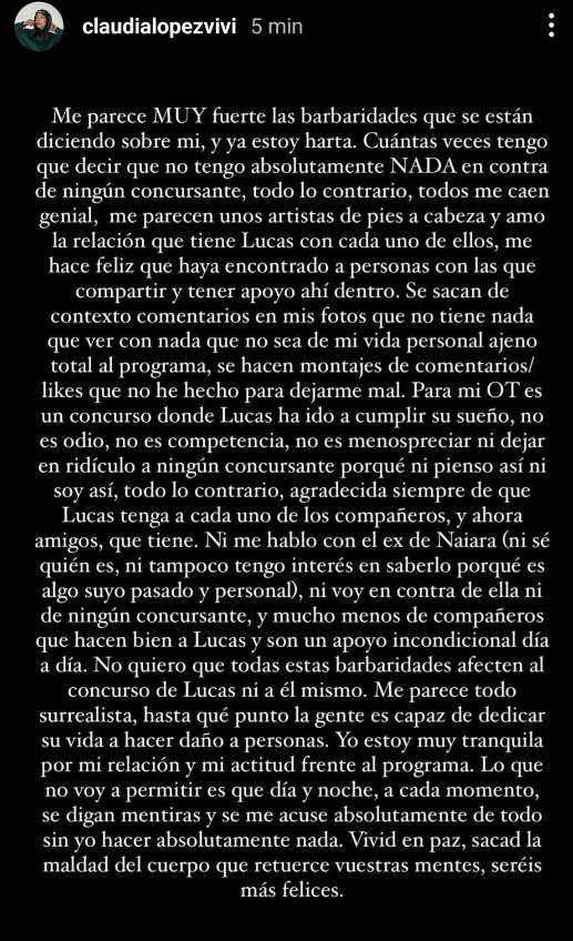 OT24h's tweet photo. Comunicado de Claudia, novia de Lucas

de verdad, disfrutad de los 4 días que quedan y dejad estas cosas...
#OTDirecto15F https://t.co/OSFK22ZCtH