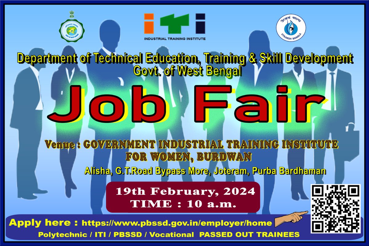 📢Announcement......
A job fair will be held at Government ITI for Women, Alisha, Purba Bardhaman on 19th February 2024 from 10.00 AM
Let's participate and witness a bright future full of skills.
#PBSSD #CareerOpportunities #skilldeveloment
