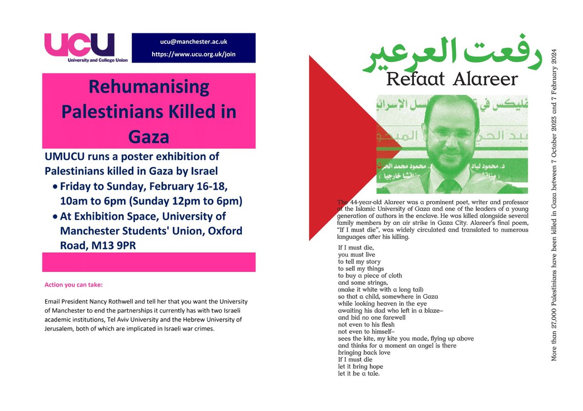🚨EVENT🚨 Friday 16 Feb - Sunday 18 Feb: poster exhibition at The University of Manchester Student's Union (see poster for more detail) Rehumanising Palestinians Killed in Gaza