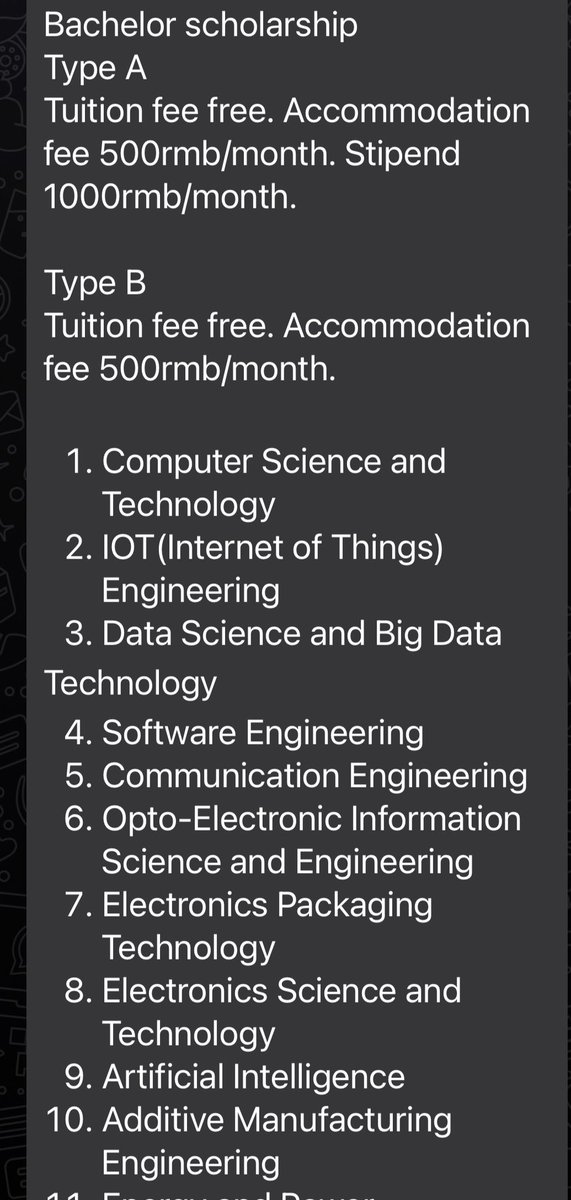 I can facilitate A Full Funded Scholarship for you one the  Chinese Prestigious Universities ..It covers Tuition Fee ,Accommodation Fee with Monthly Stipend of about 200$-500$ Monthly ..find attached amazing offers..✅✅