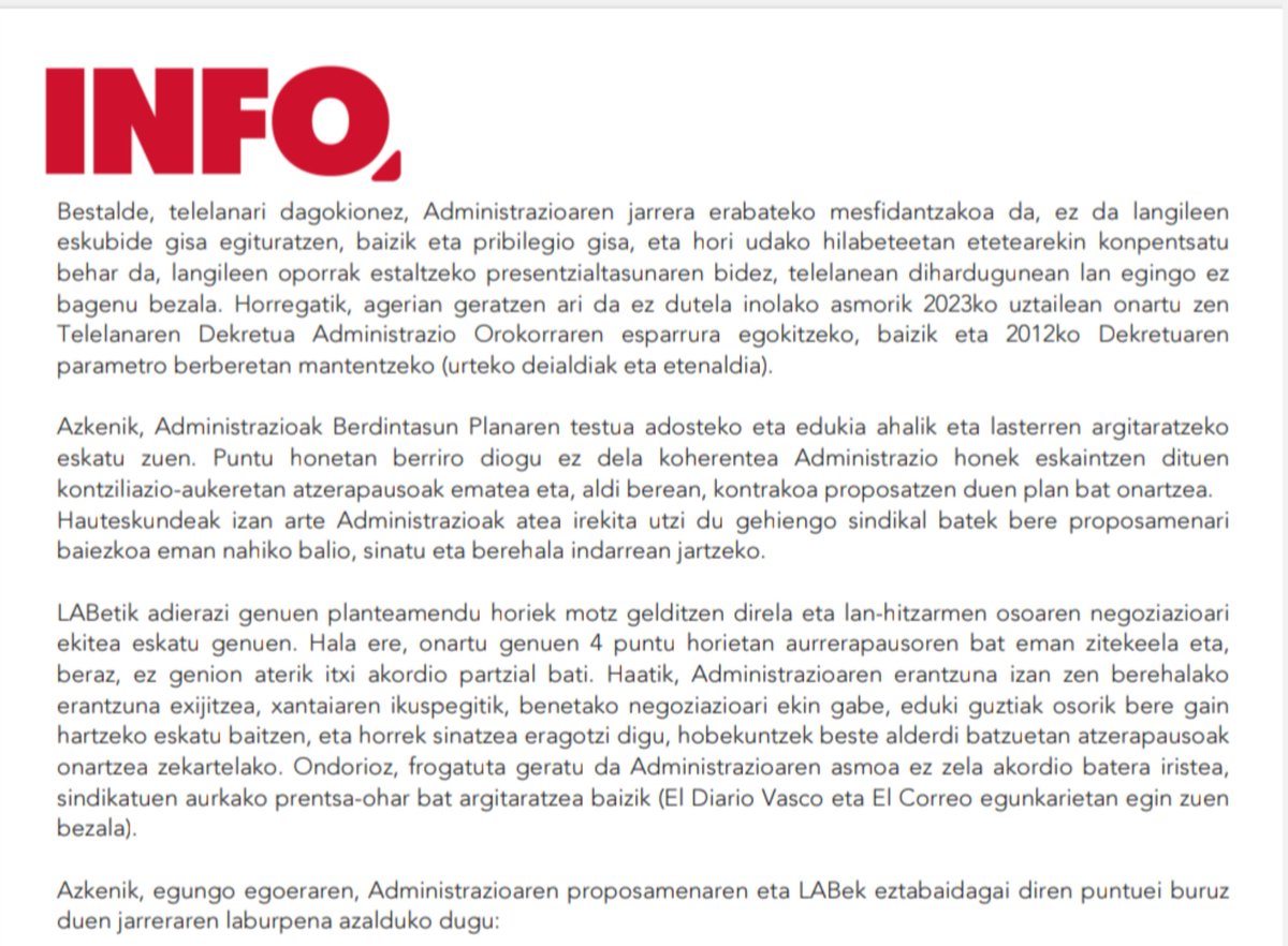LAB_Jaurlaritza's tweet photo. Lan-baldintzak negoziatzeko proposamena kuantitatiboki ez da nahikoa, 14 urteren ondoren, eta kualitatiboki onartezina da:

📍Xantaia egiteko malgutasun erabilezina.

📍Telelanaren proposamena, langileekiko etengabeko mesfidantza historikotik abiatuta. 
#M12greba
#HemenErabaki
👇 https://t.co/6w3BF6l5Gv