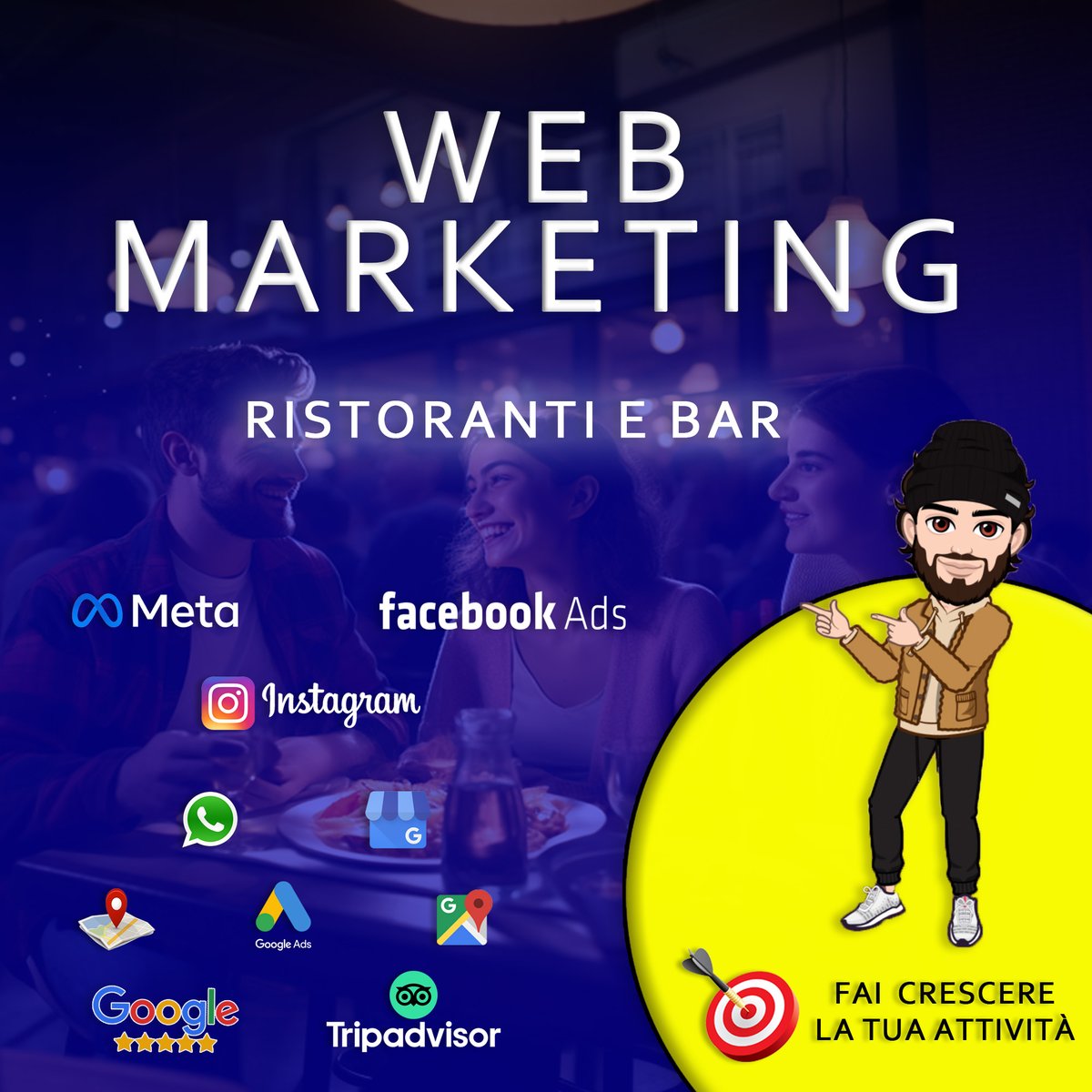 Ecco un esempio di post più corto per Twitter, basato sulla seconda immagine che hai condiviso, incentrato sul web marketing per ristoranti e bar:

✨ Trasforma la visibilità del tuo ristorante o bar con il #WebMarketing! 🍽️🍸

Pubblicità mirata con #FacebookAds &amp; #GoogleAds