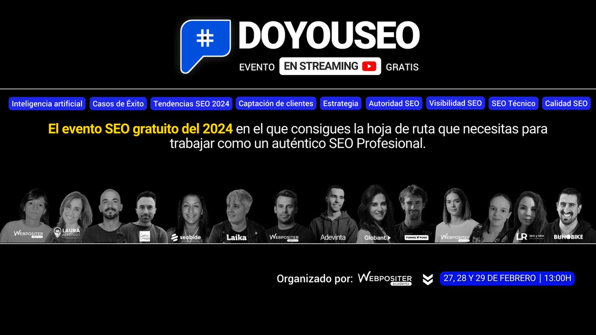 #Google nos está poniendo el listón 𝗠𝗨𝗬 𝗔𝗟𝗧𝗢. 

Y no nos vamos a quedar atrás.

Toca actualizarse y ponerse al día de las últimas tendencias 👉

📅 27, 28 y 29 de febrero, a partir de las 13:00h.

🎟️ Apúntate AQUÍ: bit.ly/DOYOUSEO24