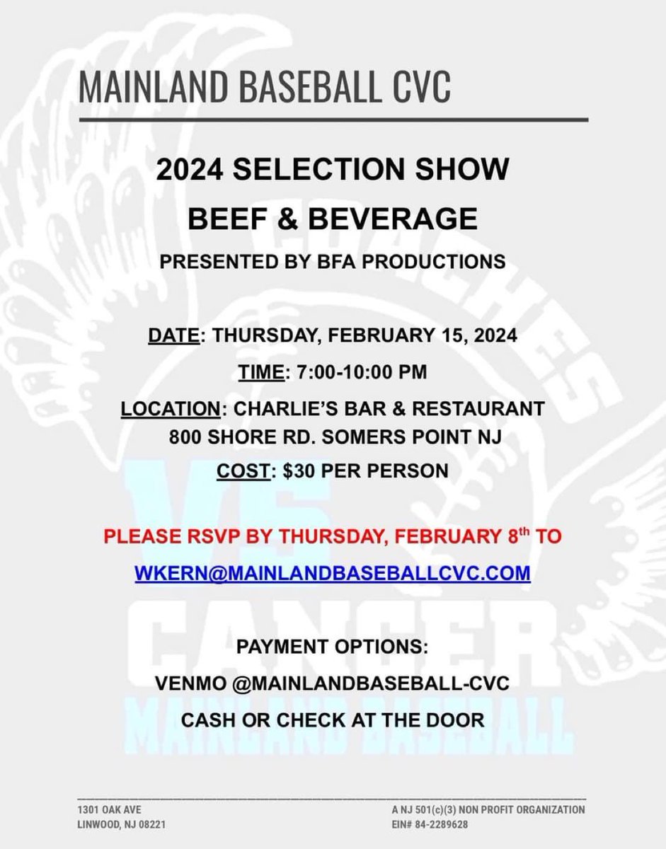 THE 2024 Selection Show is finally here!!! Our annual beef and beverage is TONIGHT @charliesbar Can’t wait to join Al, Doug, and the BFA crew as they broadcast the matchups and interviews with coaches LIVE!!! @TWIBaseballSJ All are invited to join in on the fun! #CvC2024