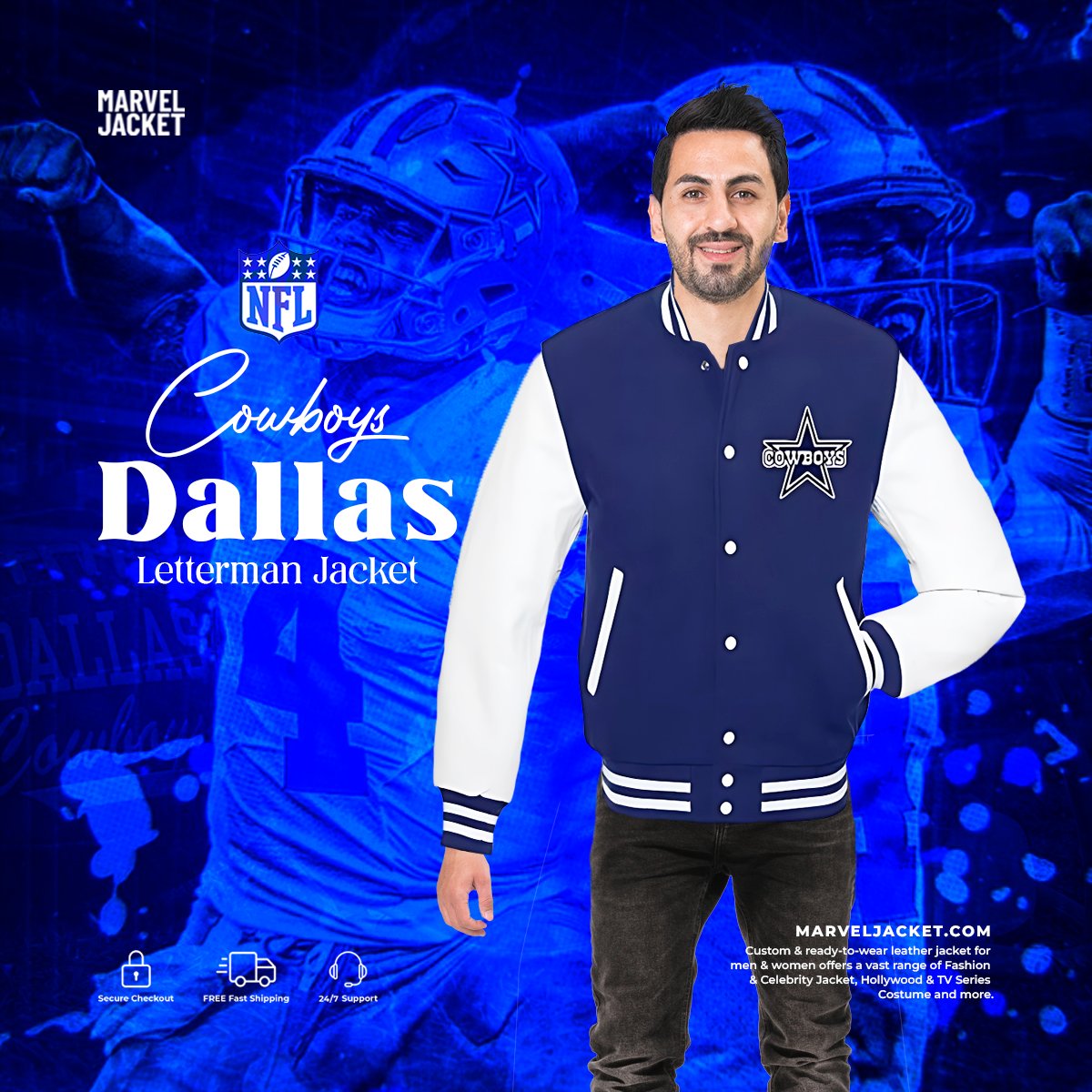 marveljacketusa's tweet photo. Step up your game day look with the classic NFL Dallas Cowboys Letterman Jacket.

#jacket #varsity #bomber #letterman #cowboys #dallas #nfl #league #team #game #wool #football #blue  #newarrivals #halloween #comiccon #outfit #marveljackets #marveljacketusa #marveljacketofficial https://t.co/om2k7I4D91