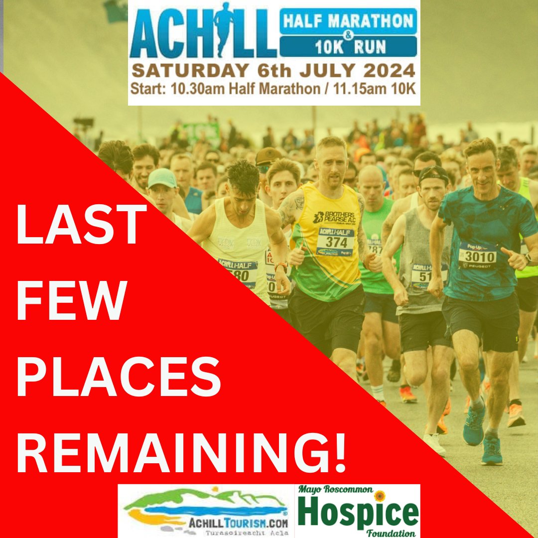 ***UPDATE***
This year’s Achill Half Marathon &amp; 10K run is almost full.
Places are filling up very quickly.
Don’t miss out. Register today!
achillmarathon.com
#AmazingAchill #mayoroscommonhospice