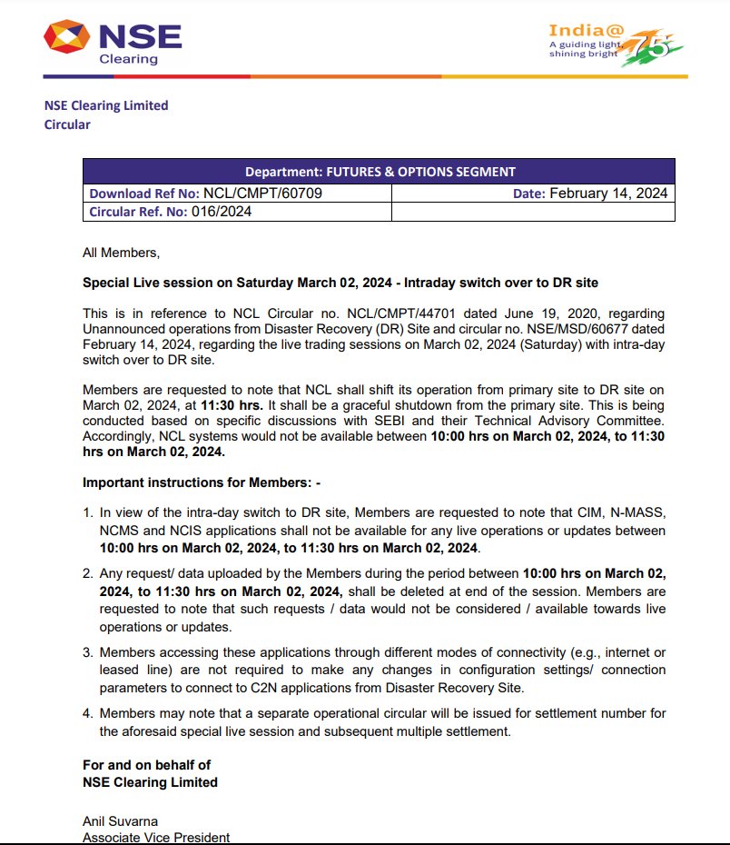 i_amArko's tweet photo. Special Live session on Saturday March 02, 2024 - Intraday switch over to DR site
We know how boring the last one was.
https://t.co/0jgZqiY447
#nseindia #Sebi #NIFTYFUTURE #niftyoptionindex #banknifty #finnifty #Trader #tradingopen https://t.co/W1X1zv20pV