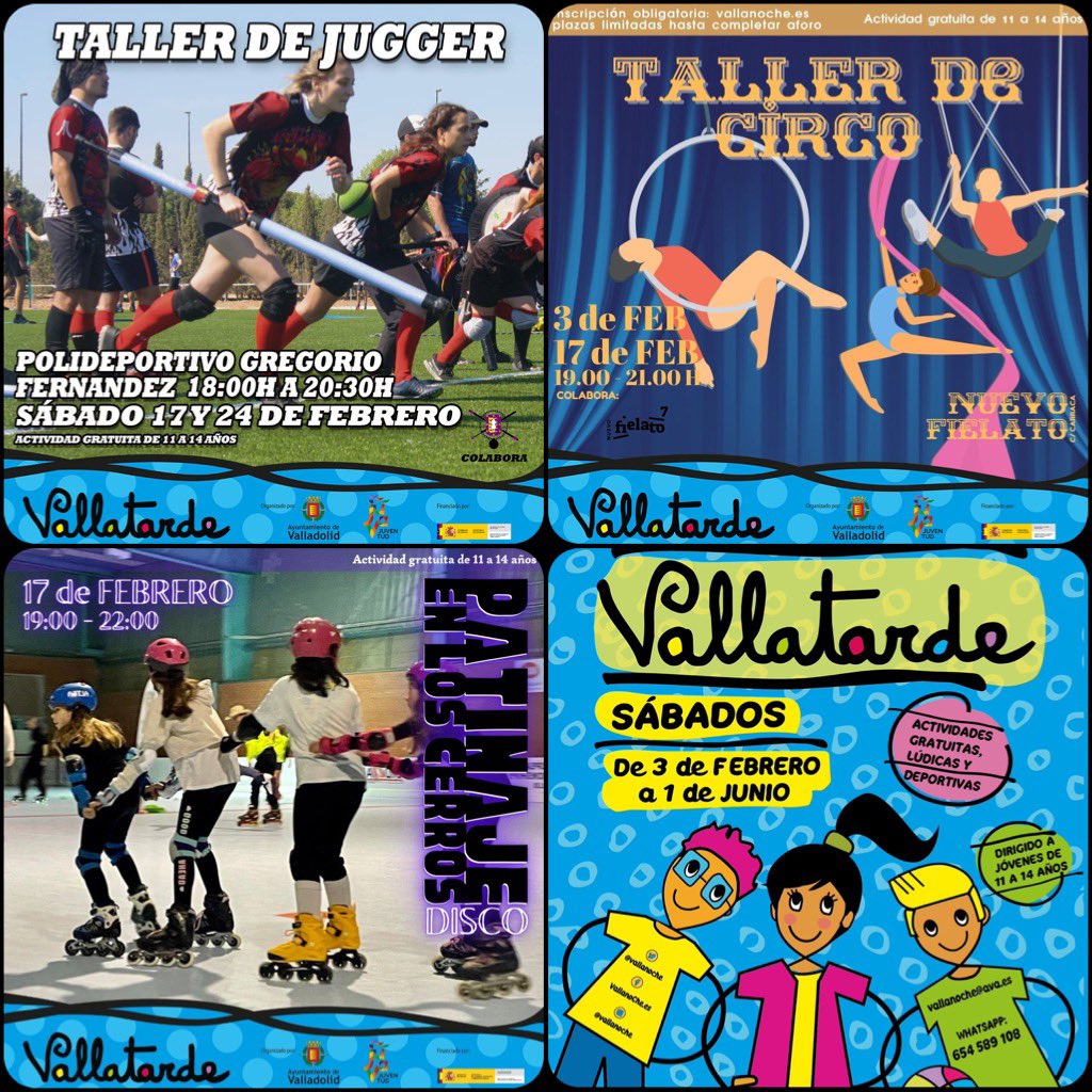 VallanoChe (@vallanoche) on Twitter photo Fin de semana repleto de actividades
Bolos🎳
Zumba🕺
Vallachef antipasti👩🍳
Impresión 3D
Defensa personal 🤼♀️
Taller de Jugger <a href="/juggerpucela/">Jugger Pucela</a>
Aros aéreos y circo🤸🏻 <a href="/NuevoFielato/">NuevoFielato</a>
Patines 🛼 <a href="/Rolling_Lemons/">Rolling Lemons Valladolid</a> <a href="/AyuntamientoVLL/">Ayto. de Valladolid</a>
Ocio alternativo gratuito <a href="/AyuntamientoVLL/">Ayto. de Valladolid</a> <a href="/carolinadbp/">Carolina del Bosque</a> Fin de semana repleto de actividades
Bolos🎳
Zumba🕺
Vallachef antipasti👩🍳
Impresión 3D
Defensa personal 🤼♀️
Taller de Jugger <a href="/juggerpucela/">Jugger Pucela</a>
Aros aéreos y circo🤸🏻 <a href="/NuevoFielato/">NuevoFielato</a>
Patines 🛼 <a href="/Rolling_Lemons/">Rolling Lemons Valladolid</a> <a href="/AyuntamientoVLL/">Ayto. de Valladolid</a>
Ocio alternativo gratuito <a href="/AyuntamientoVLL/">Ayto. de Valladolid</a> <a href="/carolinadbp/">Carolina del Bosque</a>
