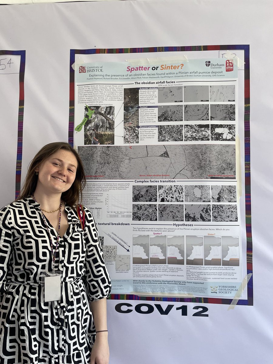 Presenting my poster at #COV12 🇬🇹 I explore the formation of an obsidian facies found within a Plinian air fall deposit. It was great to discuss what the contributing processes might be telling us about eruption transitions and glass behaviour! Thanks again to @yorksgeolsoc !