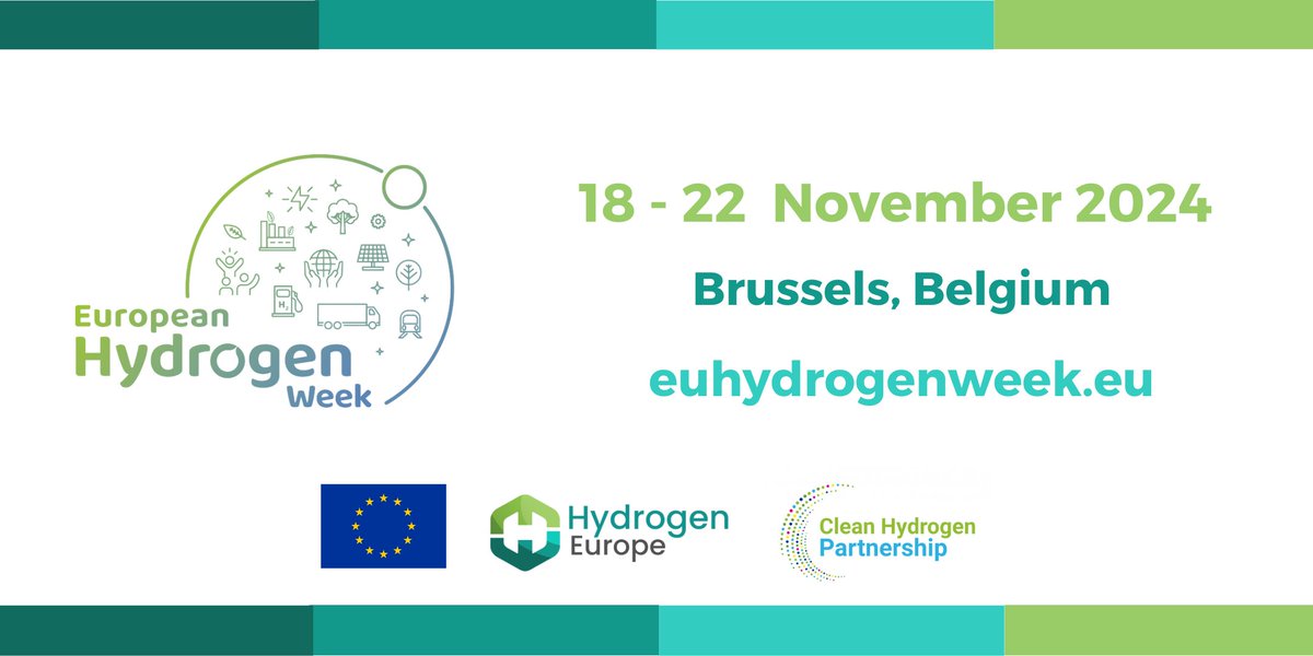 #SaveTheDate for the 2024 edition of the European Hydrogen Week: 18-22 November, in Brussels, Belgium! 🇧🇪

🐣 Seize the opportunity of becoming an exhibitor – until 1 March 2024, pre-early bird rates are available: euhydrogenweek.eu/become-an-exhi…

#EUH2Week