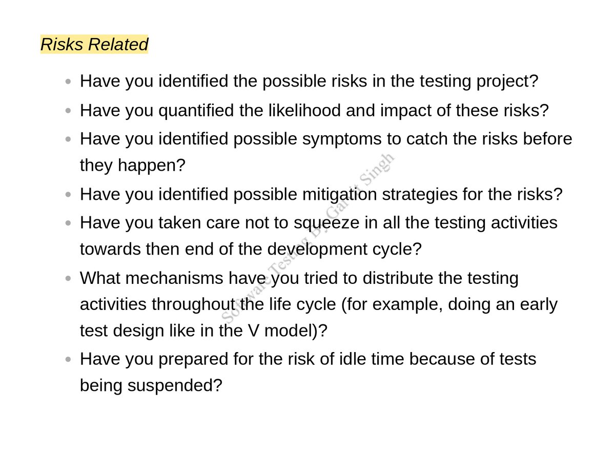 𝗦𝗼𝗳𝘁𝘄𝗮𝗿𝗲 𝗧𝗲𝘀𝘁𝗶𝗻𝗴 𝗦𝗲𝗿𝗶𝗲𝘀

💠 Checklist For Test Planning, Management, Execution and Reporting (63)

🔸 Effort Estimation Related
🔸 Schedule Related
🔸 Risks Related

#100DaysOfCode #SoftwareTesting #SoftwareEngineering