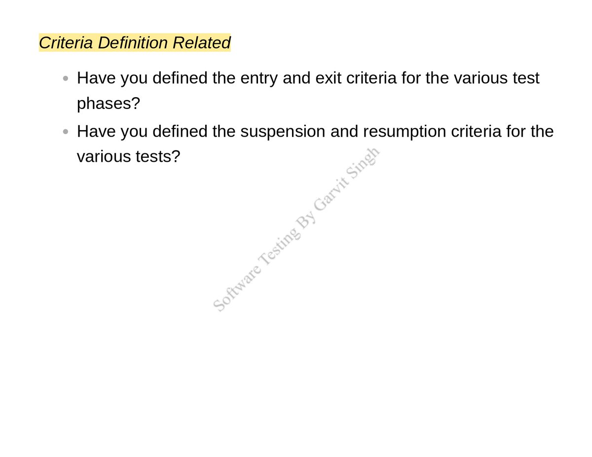 𝗦𝗼𝗳𝘁𝘄𝗮𝗿𝗲 𝗧𝗲𝘀𝘁𝗶𝗻𝗴 𝗦𝗲𝗿𝗶𝗲𝘀

💠 Checklist For Test Planning, Management, Execution and Reporting (64)

🔸 Execution Related
🔸 Completion Related
🔸 People Related
🔸 Criteria Definition Related

#100DaysOfCode #SoftwareTesting #SoftwareEngineering