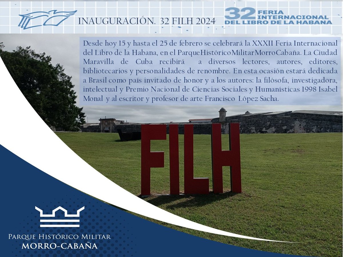 32 Feria Internacional del Libro de la Habana, en el #ParqueHistóricoMilitarMorroCabaña. La Ciudad Maravilla de #Cuba recibirá  a diversos lectores, autores, editores, bibliotecarios y personalidades de renombre. 
Visítanos, te esperamos.

#Cuba
#LeerEsCrecer
#CubaEsCultura
