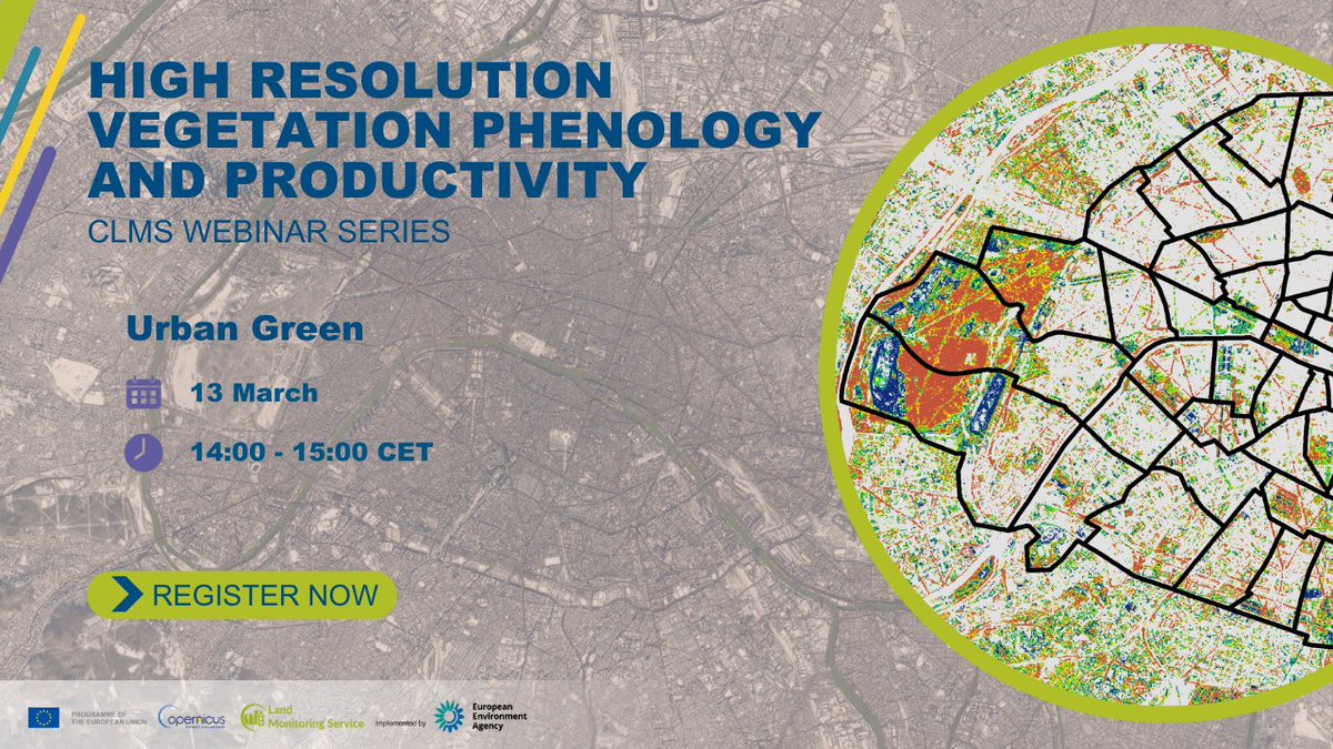 CopernicusLand's tweet photo. Unlock the secrets of #UrbanGreen in our upcoming webinar! 

Explore the role of urban vegetation in creating smart, sustainable cities. Discover how CLMS data can support urban green planning &amp; management🏙️
📅 13 March
🕒 14:00 - 15:00 CET
Register here👇
https://t.co/QtsXQrVT0a https://t.co/AoUcyGJQj2