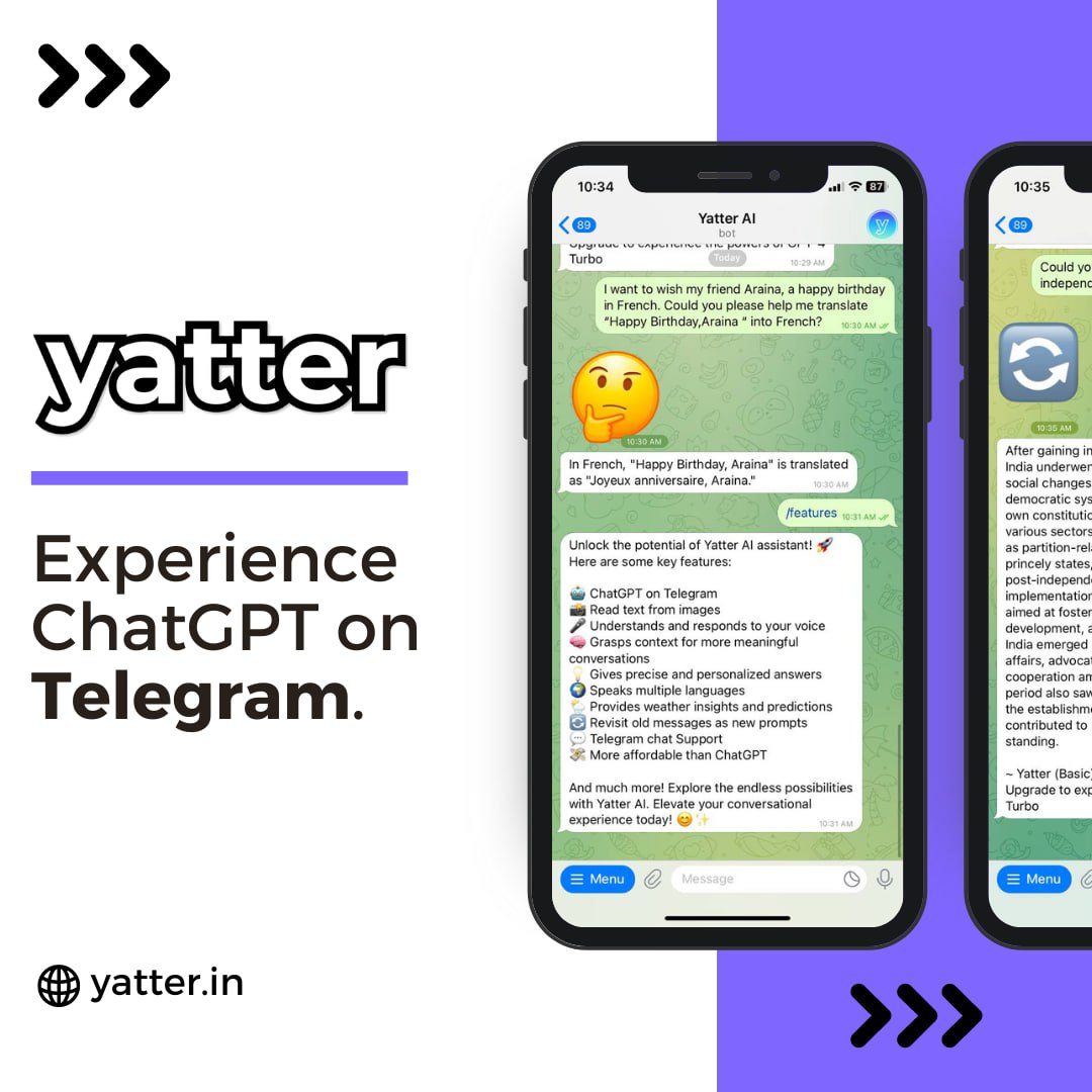 YatterAI's tweet photo. Want to make your Telegram chats more interesting? Introducing #Yatter - a personal AI assistant powered by #chatgpt. It's like having a knowledgeable friend on your phone! Give it a go and see the magic unfold. 🚀#chatgpt #personalAI #virtualassistant #AIpowered #gpt4 https://t.co/VZqFo32PFq