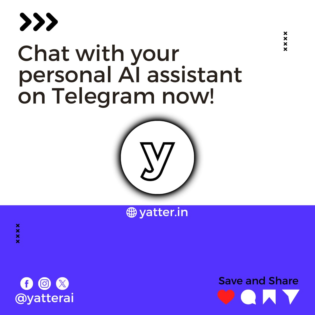 YatterAI's tweet photo. Want to make your Telegram chats more interesting? Introducing #Yatter - a personal AI assistant powered by #chatgpt. It's like having a knowledgeable friend on your phone! Give it a go and see the magic unfold. 🚀#chatgpt #personalAI #virtualassistant #AIpowered #gpt4 https://t.co/VZqFo32PFq