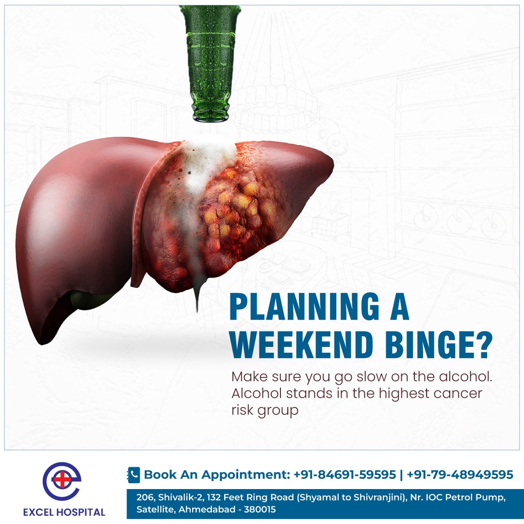 PLANNING A WEEKEND BINGE?
Make sure you go slow on the alcohol. Alcohol stands in the highest cancer risk group.

#ExcelHospital #DrJoyAbraham #AlcoholAndHealth #ModerationMatters #CancerPrevention #ResponsibleDrinking #HealthFirst #WeekendWellness #DrinkMindfully