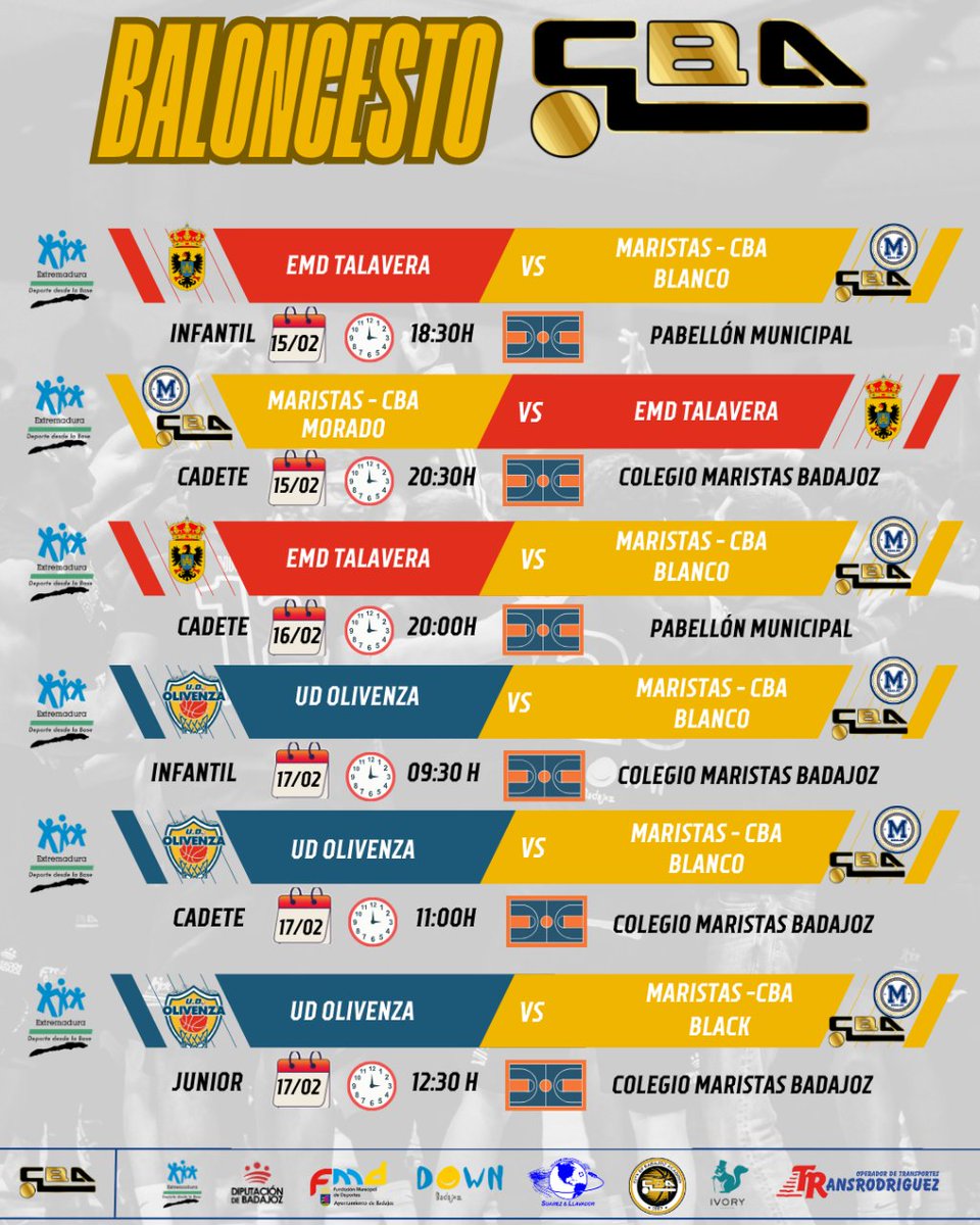 CBACADEMYSPAIN's tweet photo. Os dejamos los partidos de la cantera de este fin de semana!!!
Apoya a la cantera!!!
#CBAhacecantera #CBAcademy #CBAmethod #Badajoz #basketball #baloncesto #CBAfamily https://t.co/dgmzGvMDXo