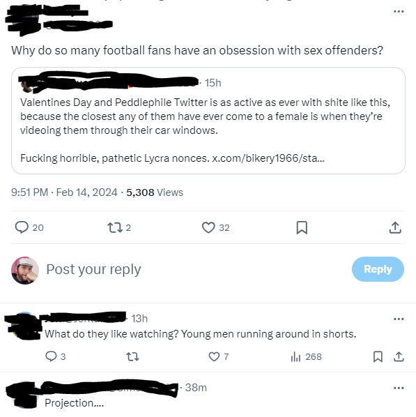 LattMafferty's tweet photo. Can we stop with all this? It's fucking dumb and dangerous. Cyclists aren't all peados, people who call everyone nonces aren't projecting, and the "football fans = gay" thing is rooted in harmful homophobic tropes that the conflates LGBT with immorality and sexual offenders. https://t.co/hiE71o2q1U