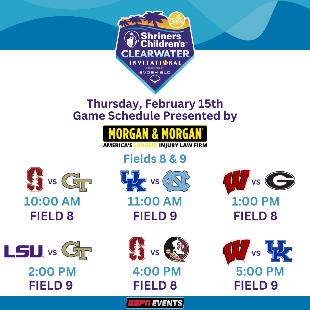 It is finally here, the first day of the @shrinershosp Clearwater Invitational presented by @EvoShield! Check out today's game schedule presented by Morgan & Morgan! bit.ly/48nQjl8