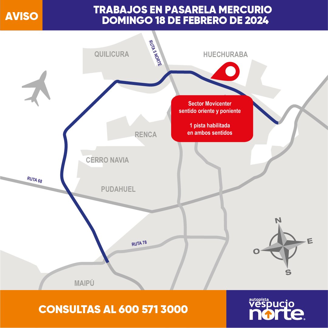 Vespucio_Norte's tweet photo. 🚧Hasta las 05:00AM hrs.
Una pista habilitada en ambos sentidos de la ruta en sector #Movicenter por TRABAJOS EN PASARELA MERCURIO.
Atención a la señalización del lugar.
Maneje con precaución.
@TTISantiago @radiocarab @biobio @mop_chile https://t.co/Xv2Q0m3cMn