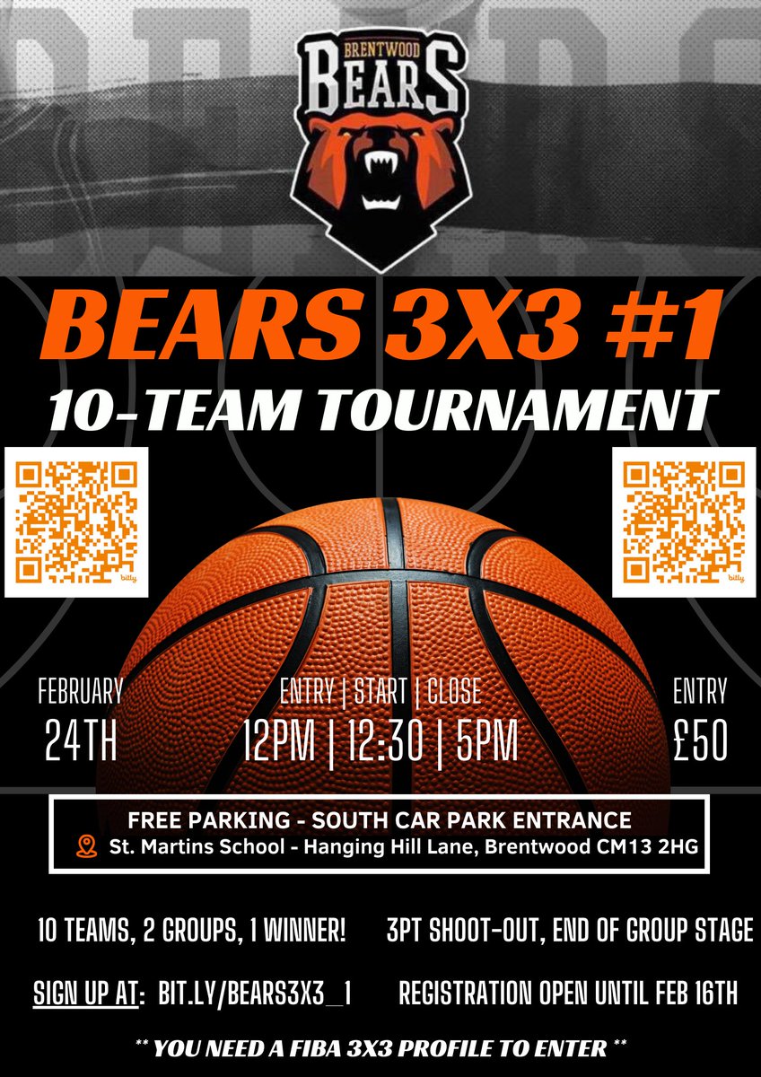 Some places are still available (ages 18+) for the <a href="/BrentwoodBears/">Brentwood Bears</a> 3x3 #1, on Feb 24th, taking place at <a href="/stmartins/">natalie morton</a>. Door open 12pm, sign up at bit.ly/Bears3x3_1. Any questions, holla at me. #EssexBasketball #Essex #3x3 #BearsStandUp 🏀