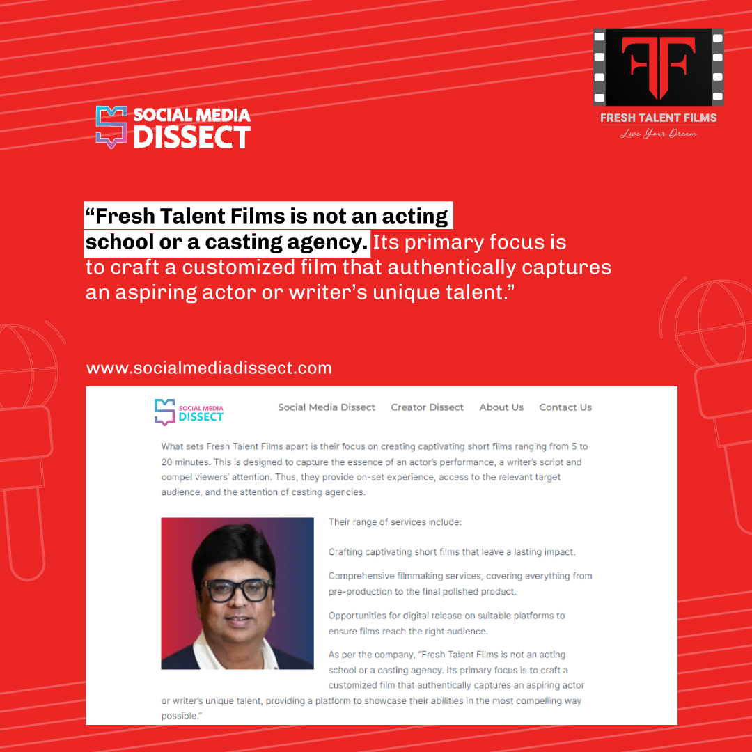 FreshTalentFilm's tweet photo. Excited &amp; grateful for the feature by #SocialMediaDissect, @adgully, and @BestMediaInfo. Thank you for highlighting our vision to open doors for #aspiringactors, offering a unique platform for them to shine. Here's to empowering a new generation of storytellers &amp; performers! https://t.co/0mMLs72i60
