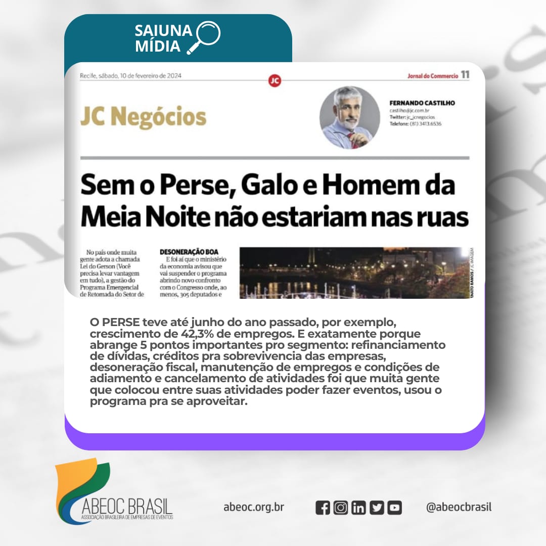 ABEOC Brasil é citada na coluna de Fernando Castilho no Jornal do Commercio de Pernambuco. Texto mostra que, sem o PERSE, Carnaval estaria prejudicado.

<a href="/enidcamara/">Brenda Colley</a>
@abeocpe
@tmcetatianamarques

#ficaperse #perse #eventos #carnaval #vemserabeoc #abeoc47anos #abeocbrasil