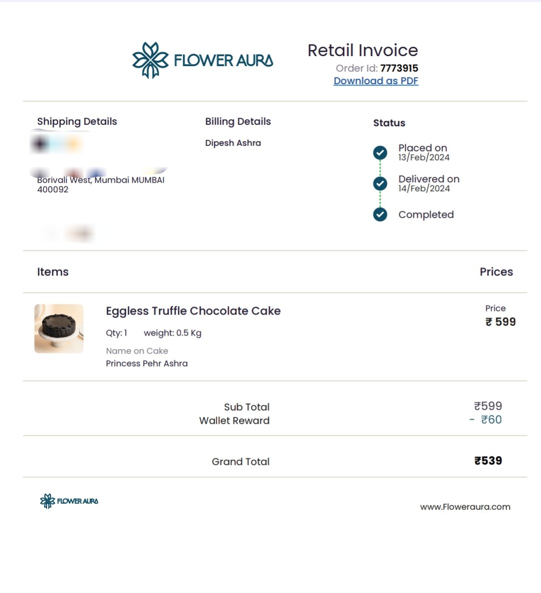 AshraDipesh's tweet image. I Have ordered cake for my daughter on 13th Feb 2024 from #Floweraura online website which was supposed to be delivered on 14th Feb 2024 between 3pm to 10pm. I have mentioned one alternate number which I have blurred in whatsapp screenshot.