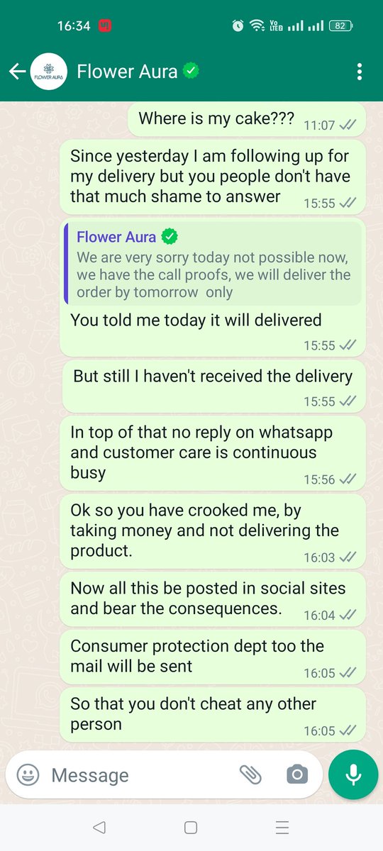 AshraDipesh's tweet image. I Have ordered cake for my daughter on 13th Feb 2024 from #Floweraura online website which was supposed to be delivered on 14th Feb 2024 between 3pm to 10pm. I have mentioned one alternate number which I have blurred in whatsapp screenshot.