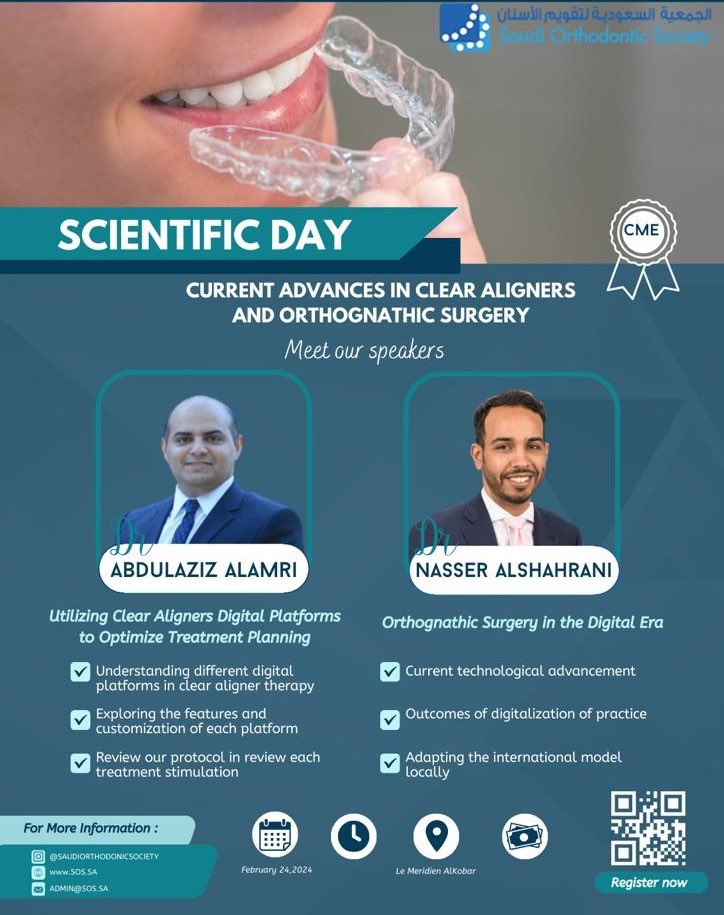 أعضاء الجمعية الكرام، ندعوكم للانضمام إلينا في محاضرة علمية مثيرة بعنوان "Current Advances in Clear Aligners and Orthognathic" يوم 24 فبراير 2024 في فندق ميريديان الخبر
للتسجيل:
sos.sa/events
