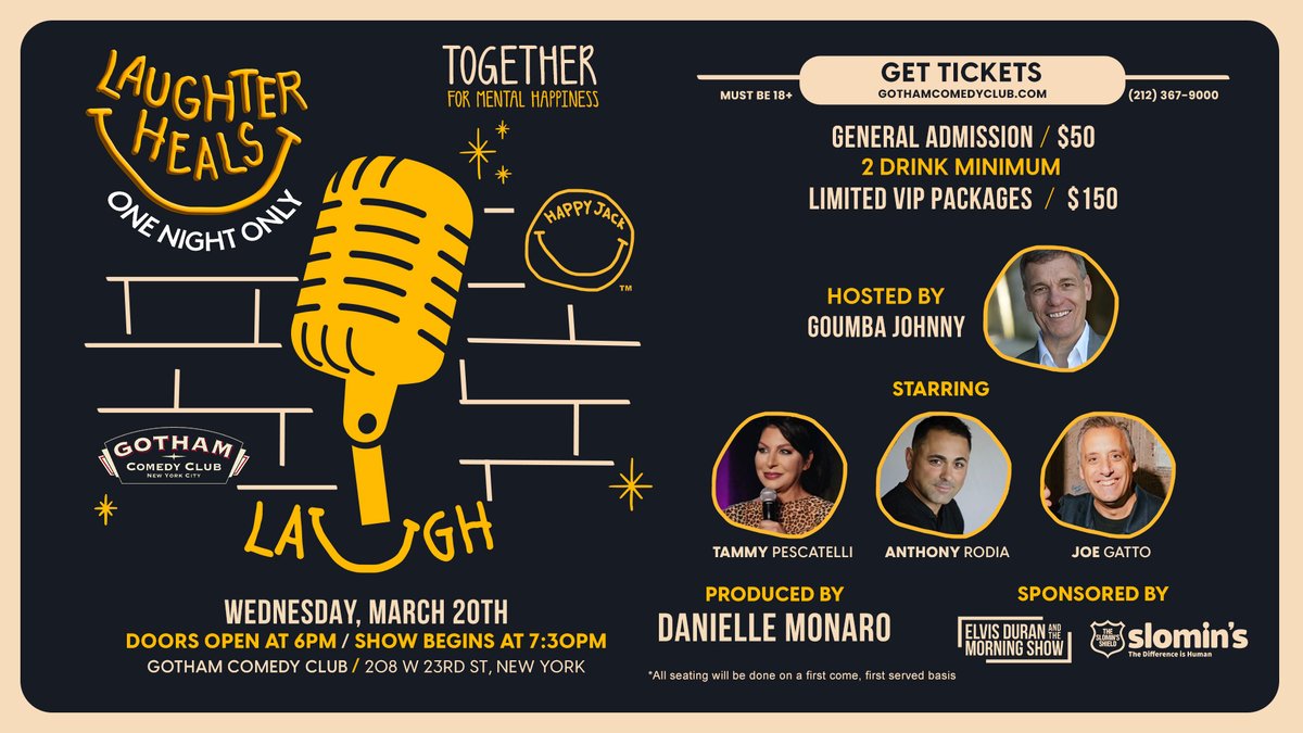 Join Danielle Monaro and @HappyJackWorld for “Laughter Heals,” one night only at @GothamComedy on March 20 at 7PM💙😂 Laughter Heals will feature @Joe_Gatto, @RodiaComedy, @TammyPescatelli and will be hosted by @GoumbaJohnny 💛 Tickets are on sale NOW at bit.ly/3whZNBb