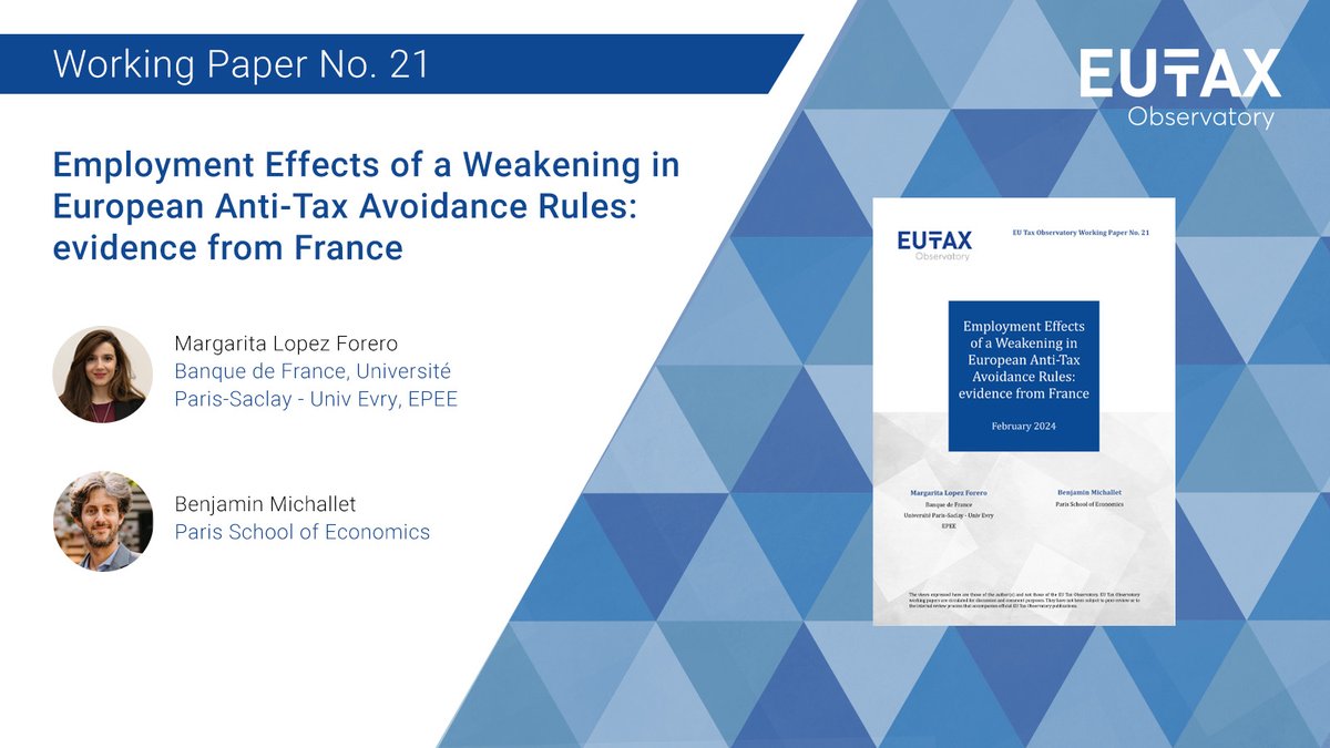 EU Tax Observatory (@taxobservatory) on Twitter photo đ Fresh off the press!
Check out our latest WORKING PAPER providing the causal evidence on how multinational enterprisesâ presence in tax havens translates into job cuts in France đ«đ·
Read the full paper: taxobservatory.eu/publication/emâŠ
<a href="/Mlopezforero/">Margarita Lopez</a> đ Fresh off the press!
Check out our latest WORKING PAPER providing the causal evidence on how multinational enterprisesâ presence in tax havens translates into job cuts in France đ«đ·
Read the full paper: taxobservatory.eu/publication/emâŠ
<a href="/Mlopezforero/">Margarita Lopez</a>