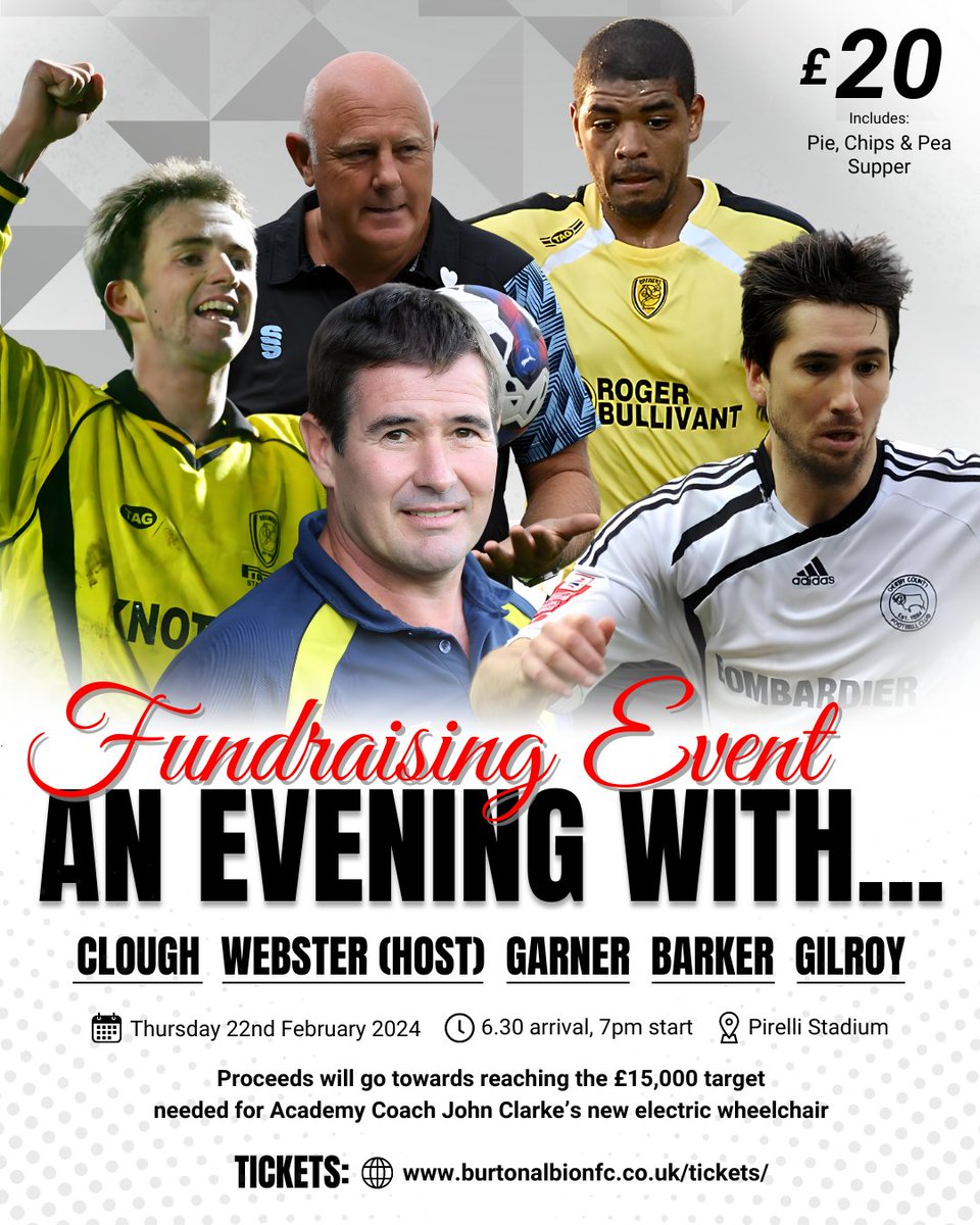 🗣️🎤 FUNDRAISER - AN EVENING WITH... The final few tickets remain for next Thursday's event! We're close to capacity, so don't miss out on what promises to be a fantastic evening🎟️ #BAFC Buy now👉 burtonalbionfc.co.uk/tickets/