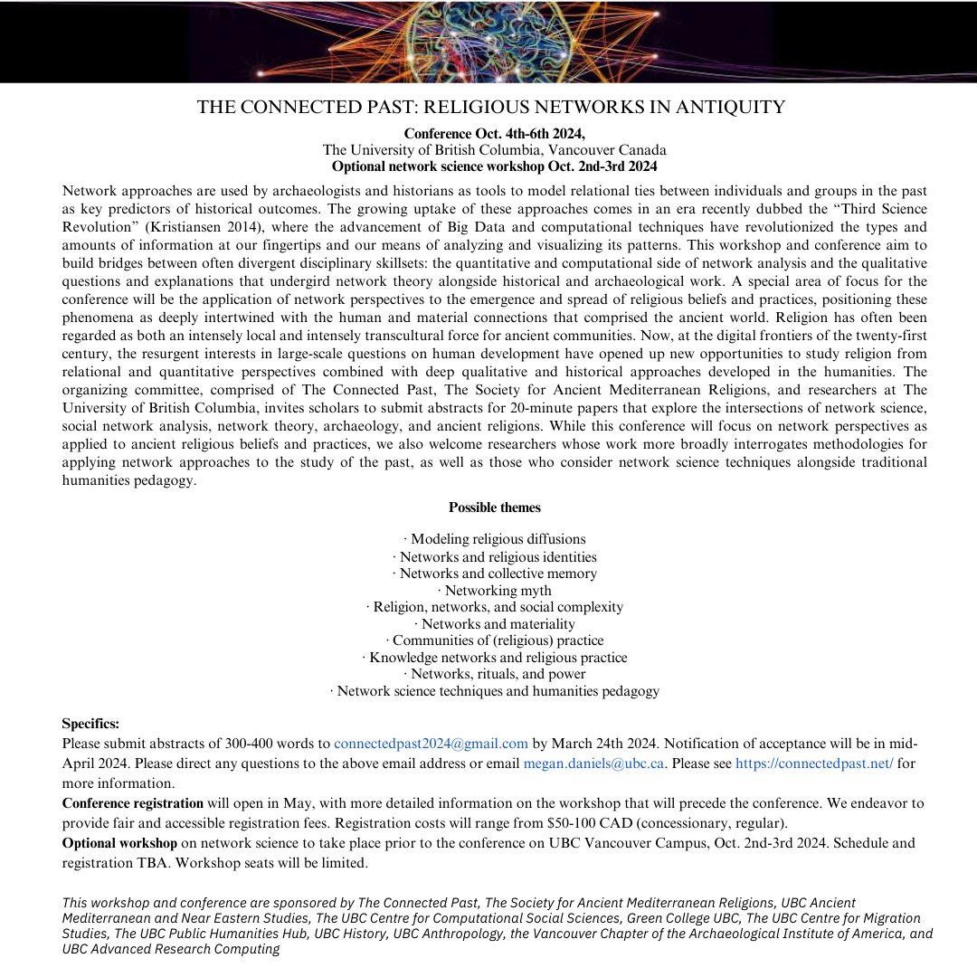 The Connected Past is heading to #Vancouver with the theme of Religious Networks in Antiquity. Are you interested in presenting your research on this topic? See CFP for details, or the Connected Past website: connectedpast.net. #networks #archaeology