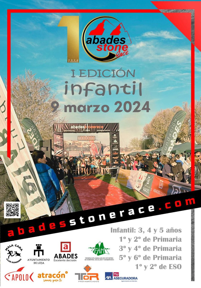 <a href="/ClubMalaCara/">MALA CARA</a> incorpora a la <a href="/ABADESSTONERACE/">ABADES STONE RACE</a> su primera carrera infantil, que tendrá lugar el sábado 9 de marzo. La actividad comenzará a las 4 de la tarde en el Parque Fluvial y está dirigida a todas las edades desde los 3 hasta los 14 años
facebook.com/photo/?fbid=93…
