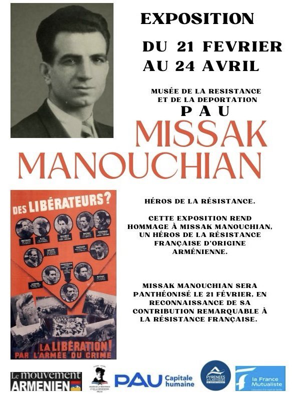 Le Mouvement Arménien, en partenariat avec le 'Musée de la Résistance et de la Déportation' de Pau, organise une exposition en honneur de Missak Manouchian. Le vernissage de l’exposition aura lieu le mercredi 21 février à 19h30 au musée situé 4 rue Despourrins à #Pau.
