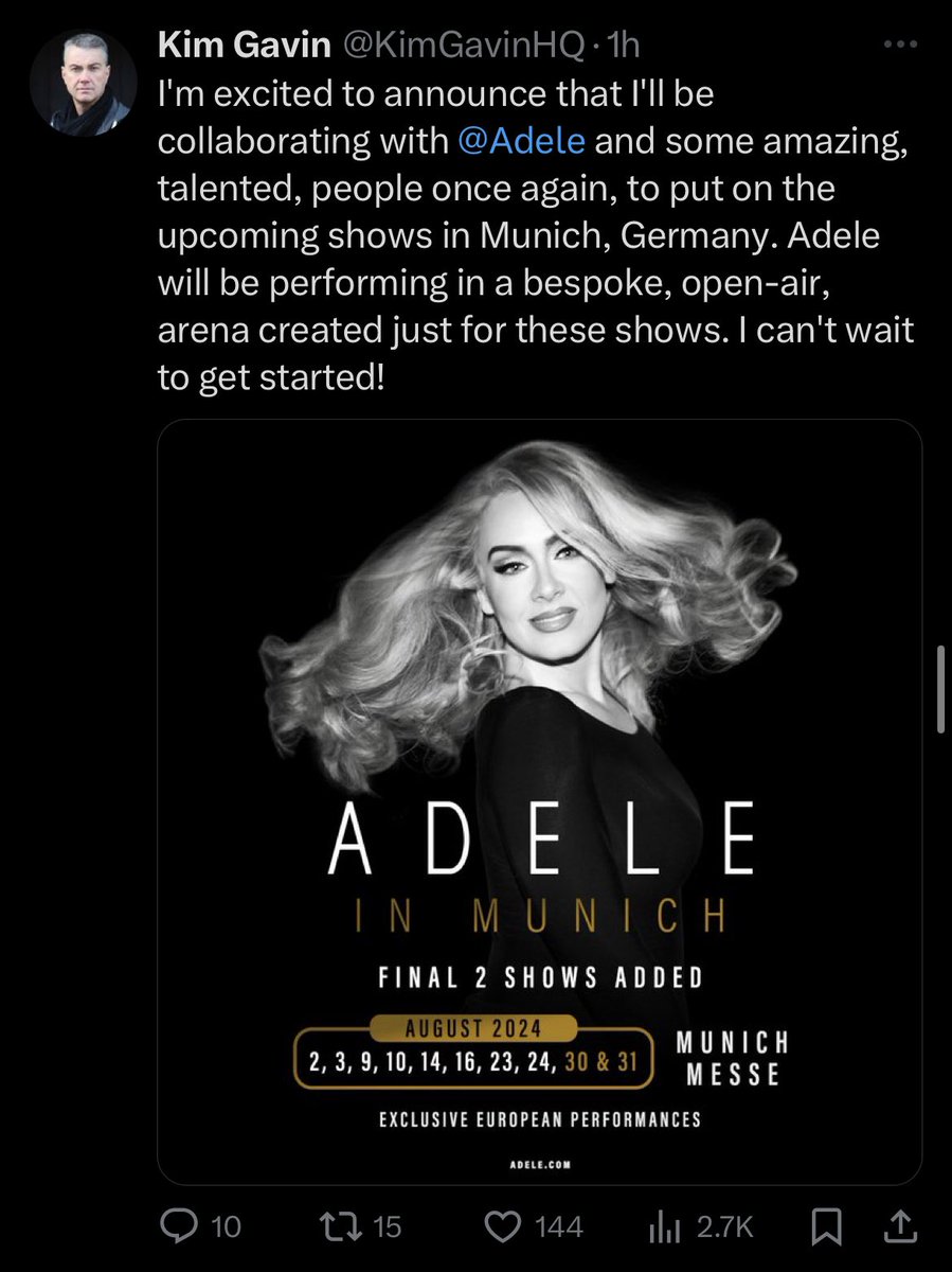 .@KimGavinHQ announced that he’ll be collaborating with Adele to put on the upcoming shows in Munich, Germany. He previously worked with her on the Hyde Park shows and her ongoing Las Vegas residency, Weekends With Adele.
