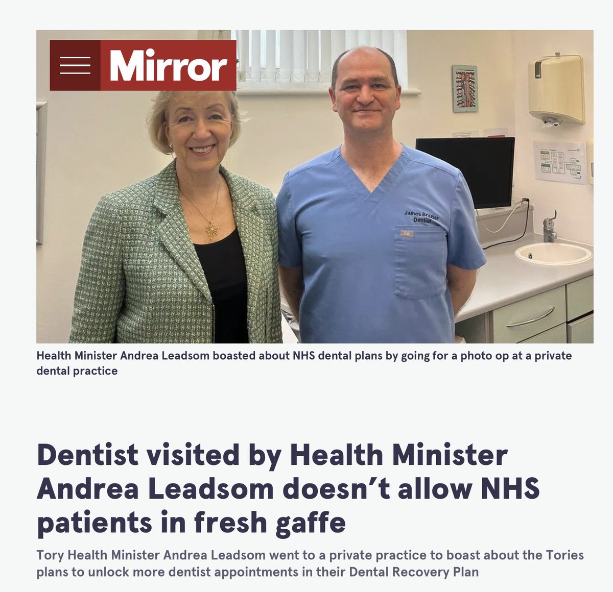 hewitson10's tweet photo. Andrea Leadsom blowing the doors off Tory incompetence once again

She visited a dental practice to brag about the NHS dental recovery plan from Rishi Sunak

Turns out that practice doesn’t take NHS patients

Shocking

#ToryGaslighting #ToriesDestroyingOurCountry https://t.co/OmI7aYI7dK