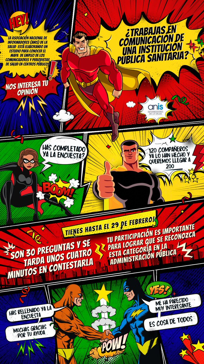 #EstudioANIS 
🦸¿todavía no has participado?

🦸‍♀️🦸🦸‍♂️ nuestro objetivo: conocer la situación profesional de los #comunicadores en los gabinetes de las entidades sanitarias 

📒 Completa esta encuesta bit.ly/42eV5zT

🦸🦸‍♀️🦸‍♂️Tu opinión importa ¡PARTICIPA!
#Periodistas