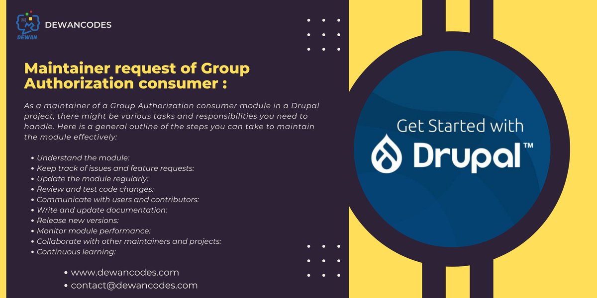 DewanCodes's tweet image. Maintainer request of Group Authorization consumer :
#drupal #drupal9 #drupal10 #dewancodes #acquia #LetsConnect #DrupalCommunity #drupaldeveloper #drupaldevelopment #drupalupgrade