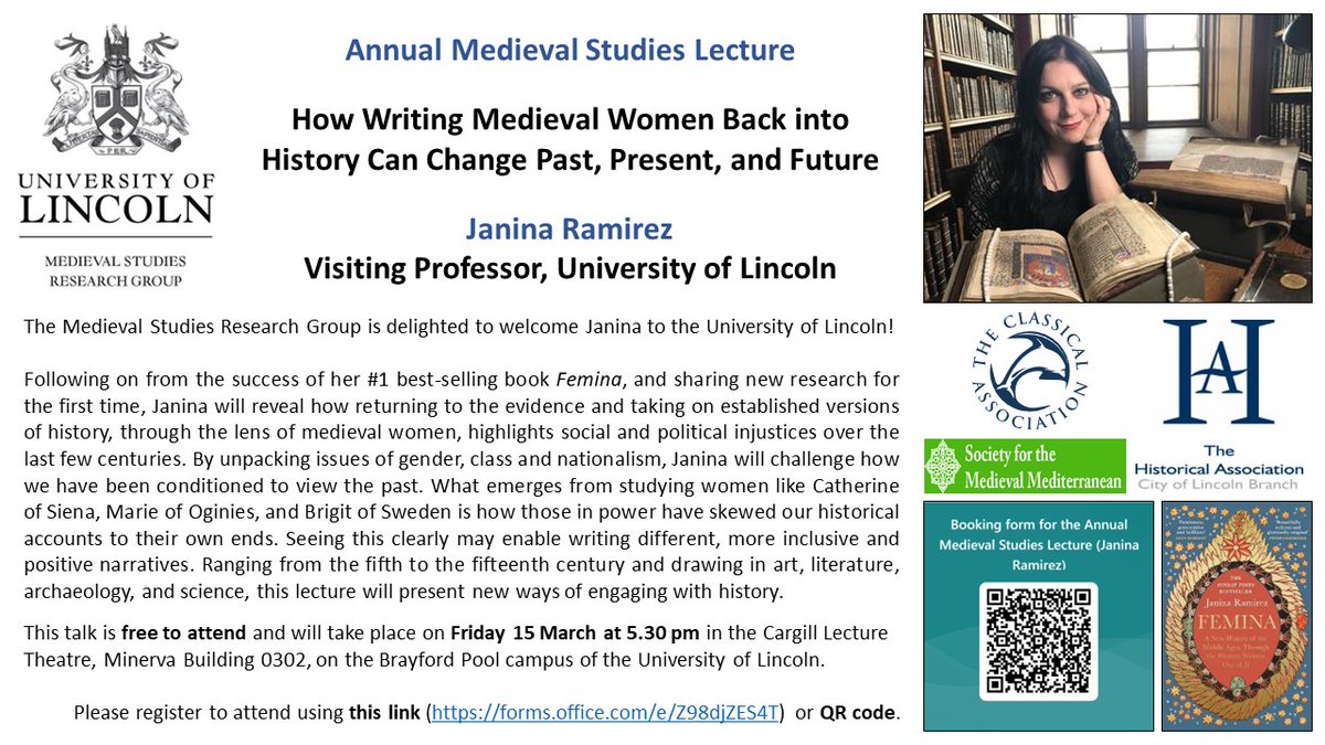 Medieval Studies at Lincoln (@lincolnmedieval) on Twitter photo Now with a poster to advertise Prof <a href="/DrJaninaRamirez/">Prof Janina Ramirez</a> and her lecture in all their glory!
With many thanks to our <a href="/Classical_Assoc/">The Classical Association</a> and <a href="/histassoc/">Historical Assoc</a> branches and the <a href="/socmedimedit/">SMM</a> for supporting this exciting event - can't wait! Now with a poster to advertise Prof <a href="/DrJaninaRamirez/">Prof Janina Ramirez</a> and her lecture in all their glory!
With many thanks to our <a href="/Classical_Assoc/">The Classical Association</a> and <a href="/histassoc/">Historical Assoc</a> branches and the <a href="/socmedimedit/">SMM</a> for supporting this exciting event - can't wait!