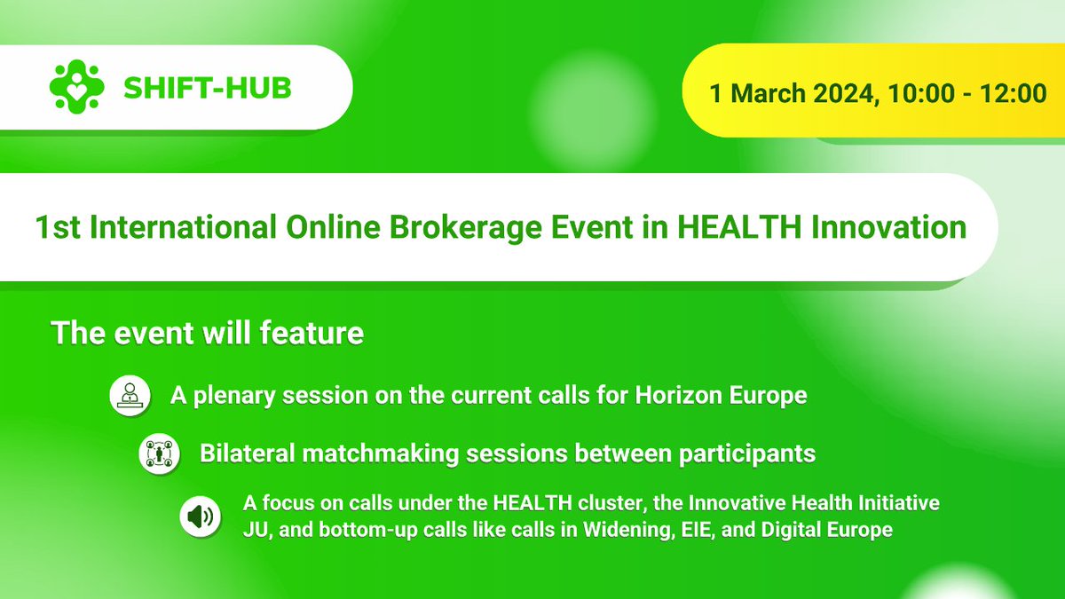 1st SHIFTHUB International Online Brokerage Event in HEALTH Innovation March 1 @ 10:00 am - 12:00 pm @EUdigitalsme  @european-digital-sme-alliance c4djointaction.eu/event/1st-shif…