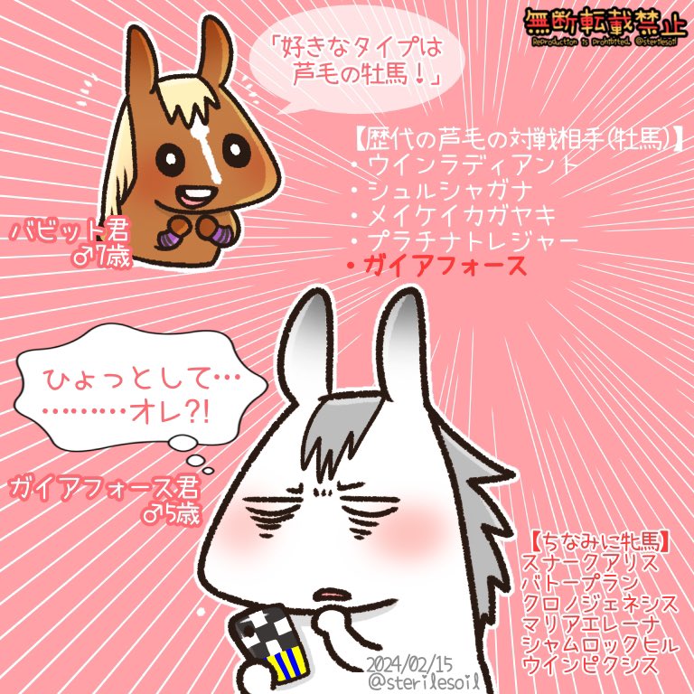 牝馬じゃなくって牡馬なの??
バビット君の歴代の対戦相手を調べてみました。
牡馬はウインラディアント君、シュルシャガナ君、メイケイカガヤキ君、プラチナトレジャー君。そしてガイアフォース君。
意外と芦毛が少ない。
牝馬は右下に記載。芦毛は牡馬牝馬問わずモテるんですね😂 