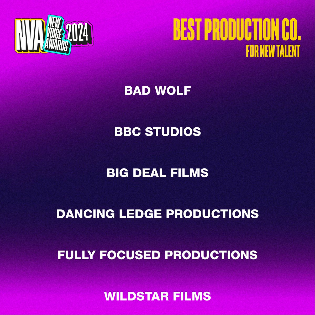 The TV Foundation (@thetvfoundation) on Twitter photo BEST PRODUCTION CO. FOR NEW TALENT
Bad Wolf (<a href="/BadWolf_TV/">Bad Wolf</a>)
BBC Studios (<a href="/bbcstudios/">BBC Studios</a>)
Big Deal Films (<a href="/BigDealFilms/">Big Deal Films</a>)
Dancing Ledge Productions (<a href="/DancingLedgeUK/">#DancingLedgeProductions</a>)
Fully Focused Productions (<a href="/UKfullyfocused/">Fully Focused</a>)
Wildstar Films (<a href="/WildstarFilms/">Wildstar Films</a>) BEST PRODUCTION CO. FOR NEW TALENT
Bad Wolf (<a href="/BadWolf_TV/">Bad Wolf</a>)
BBC Studios (<a href="/bbcstudios/">BBC Studios</a>)
Big Deal Films (<a href="/BigDealFilms/">Big Deal Films</a>)
Dancing Ledge Productions (<a href="/DancingLedgeUK/">#DancingLedgeProductions</a>)
Fully Focused Productions (<a href="/UKfullyfocused/">Fully Focused</a>)
Wildstar Films (<a href="/WildstarFilms/">Wildstar Films</a>)